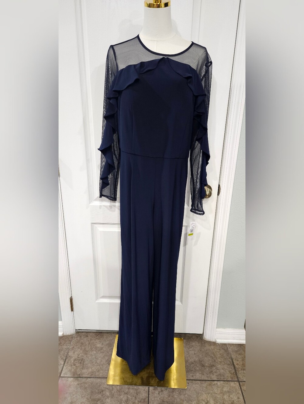 R&M Richards Navy Sheer Ruffle Sleeve Jumpsuit